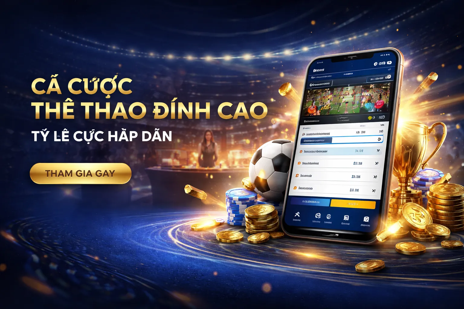 Sân vận động lớn với trận đấu bóng đá đang diễn ra, người hâm mộ cuồng nhiệt và logo 888slots
