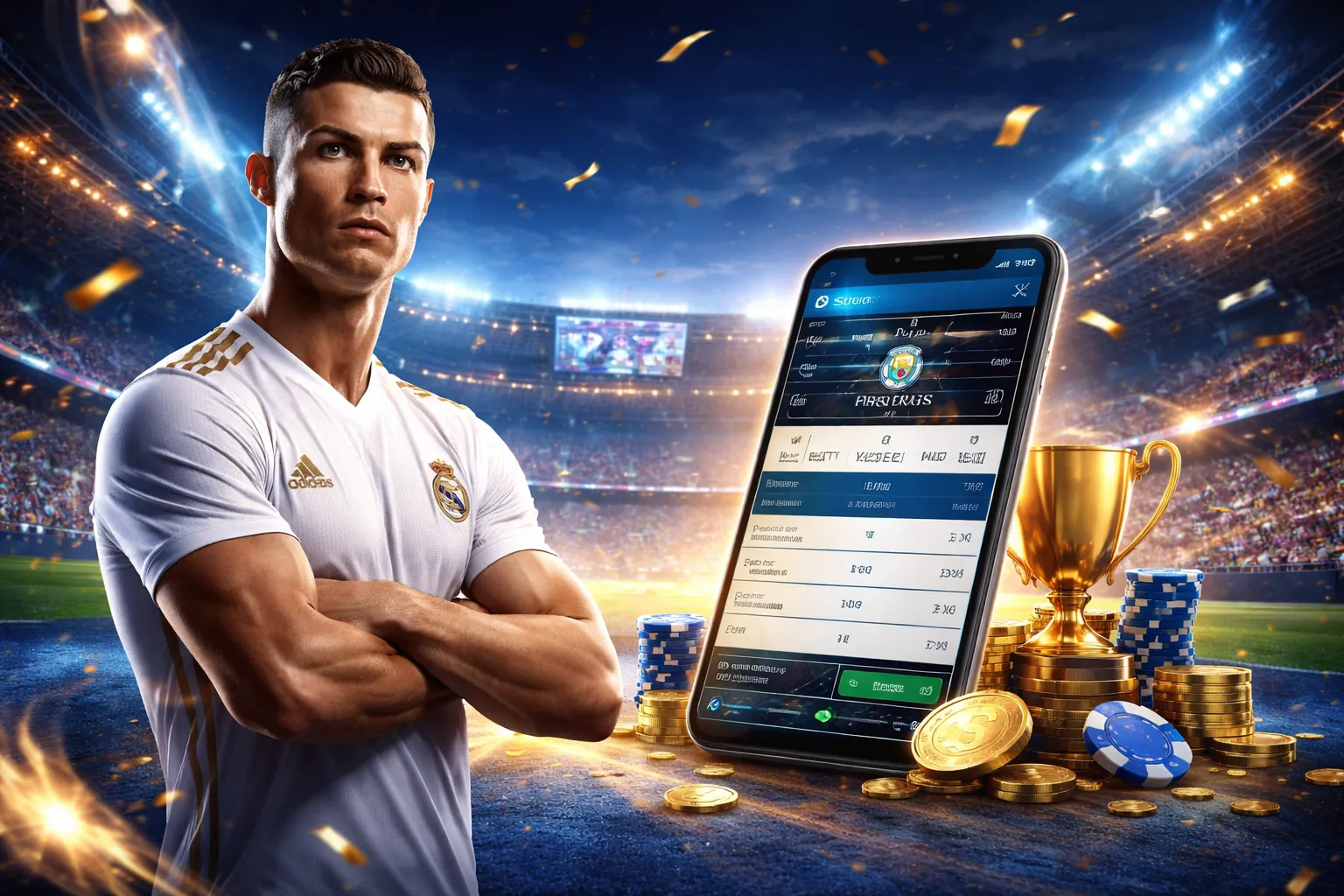 Sân vận động thể thao với ánh đèn rực rỡ và logo 888slots, thể hiện sự hứng khởi của cá cược thể thao.